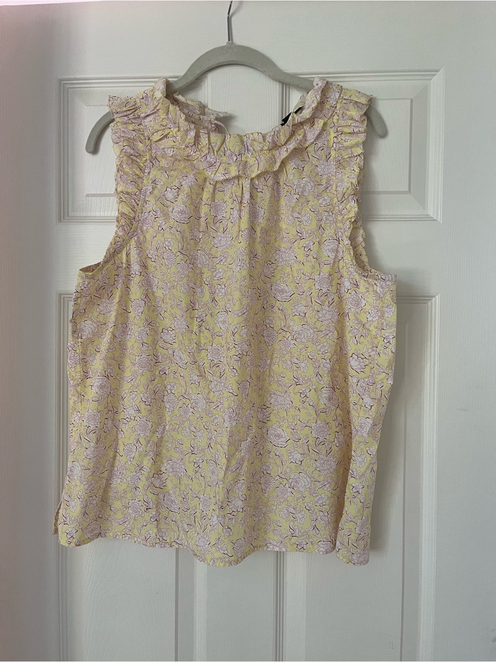 J. Crew Yellow Floral Ruffle trim sleeveless Blouse popover